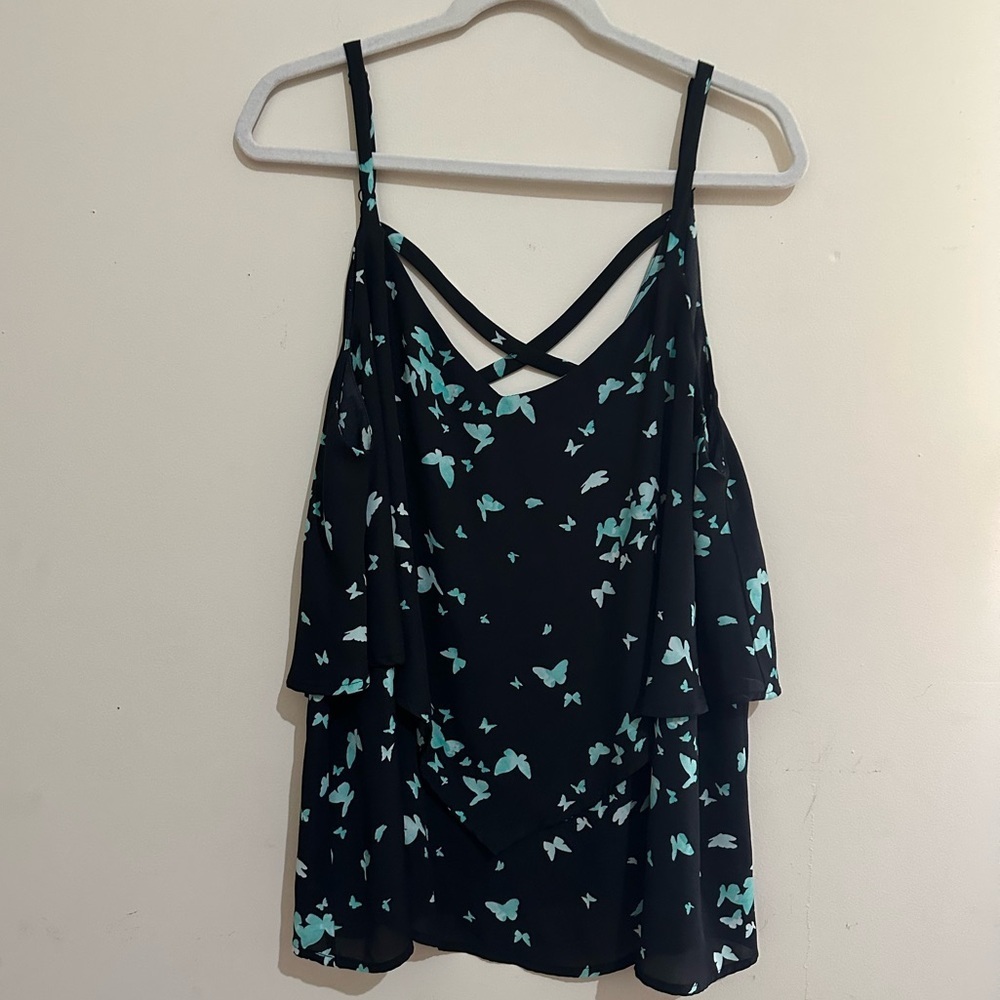 Torrid 2X Butterfly Georgette Tiered Boho Black Cami Spring Summer Beach